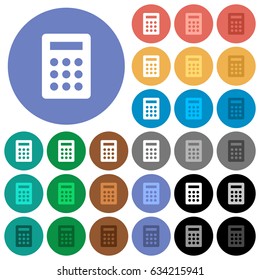 Calculator multi colored flat icons on round backgrounds. Included white, light and dark icon variations for hover and active status effects, and bonus shades on black backgounds.