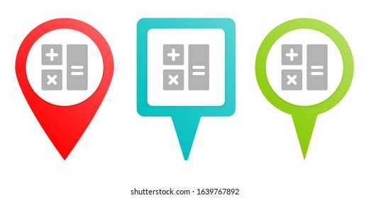 calculator. Multicolor pin vector icon, diferent type map and navigation point.