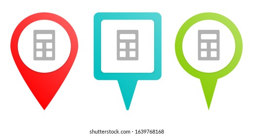 calculator. Multicolor pin vector icon, diferent type map and navigation point.