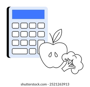 Una calculadora junto a una Imagen de manzana y brócoli que representa el concepto de cálculos nutricionales y planificación de una dieta saludable. Ideal para la planificación de la dieta, la forma física, la alimentación saludable, la educación nutricional