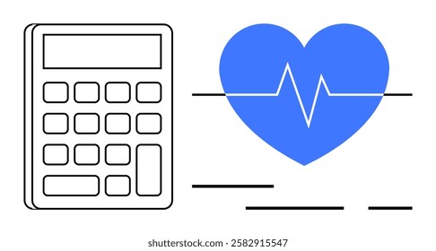 Calculator next to a blue heart with a heartbeat line. Ideal for health finance, budgeting, medical costs, financial planning, healthcare management, wellness programs, and cost estimation. Banner