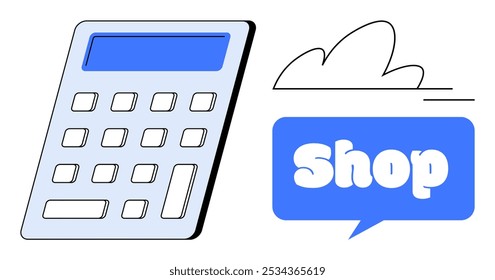 A calculator next to a blue shop speech bubble with a cloud above, it Ideal for finance online shopping e-commerce business accounting and retail