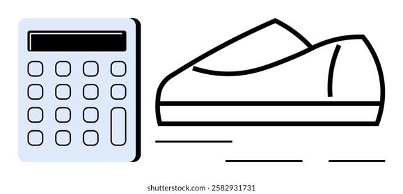 Calculator next to a running shoe. Ideal for budgeting, finance, sports, fitness planning, health costs, expense tracking, financial goals. Line metaphor