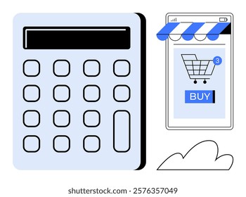 Calculator next to a smartphone screen displaying an online shopping cart with a BUY button and notification. Ideal for e-commerce, online shopping, mobile payments, budgeting, financial planning