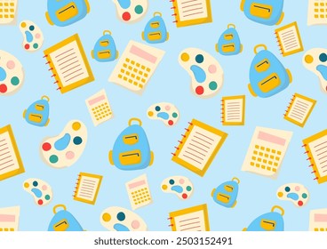 Calculator, notebook, paper, color palette, and school bag seamless pattern on a blue background. For cards, frames, posters, book covers, textiles, wallpaper, wrapping and fabric. 