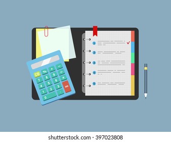 Calculator, notepad, note paper and pencil lie on the table.  Concept of planning , analysis. Vector illustration.