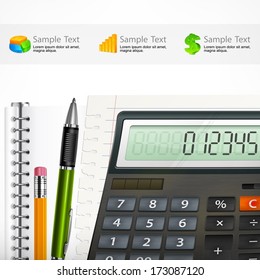Calculator & notepad with pen and pencil, business concept, vector illustration