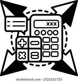 A calculator with the numbers on it. The calculator is surrounded by arrows and a speech bubble