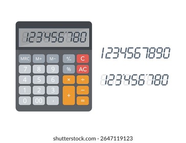 Calculadora com números separados. Escritório, calculadora eletrônica da escola. Ilustração plana de negócios, educação, ferramenta digital no local de trabalho. Calculadora com exibição, botões. Ilustração de ações.