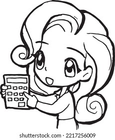 calculator office lady cartoon doodle kawaii anime coloring page cute illustration drawing clipart character chibi manga comics