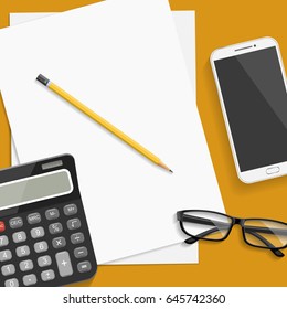 Calculator and office supplies. Vector.