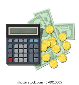 Calculator on bills and coins. Vector isolated illustration