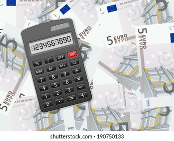 Calculator on five euros background. Vector illustration.