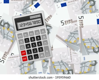 Calculator on five euros background. Vector illustration.