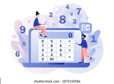 Calculator online or app. Tiny people with calculating. Accounting, financial analytics, bookkeeping,  budget calculation, audit debit and credit calculations. Modern flat cartoon style. Vector 