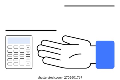 Calculadora e mão aberta estendida abaixo. Ideal para finanças, orçamento, contabilidade, bancos, empréstimos, consultoria financeira, temas de poupança. Metáfora de linha