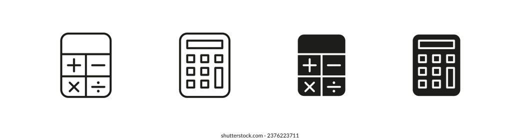 Calculator outline and flat icon set. Calculating machine vector icons. 