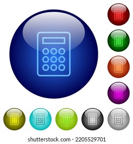 Calculator outline icons on round glass buttons in multiple colors. Arranged layer structure