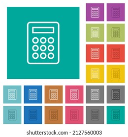 Calculator outline multi colored flat icons on plain square backgrounds. Included white and darker icon variations for hover or active effects.