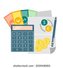 Calculator with paper for calculating exchange rate between us dollar and euro dollar with banknotes and coins. money exchange or money swap concept