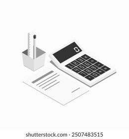 Calculator, paper document, and pencil case isometric design