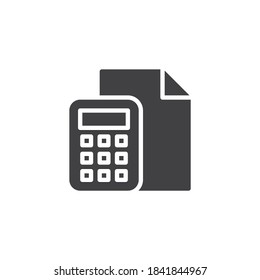 Calculator and paper document vector icon. filled flat sign for mobile concept and web design. Office accounting glyph icon. Symbol, logo illustration. Vector graphics