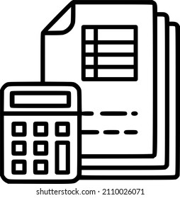 Icono de calculadora y papel. Icono de vector de cálculo de presupuesto e informe. Parte del conjunto de iconos financieros.