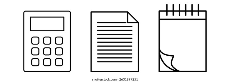 Calculadora papel e ícone de notebook definir ilustração vetorial para estudo escolar ferramentas do escritório de educação escrita de documentos estacionários e manutenção de registros.