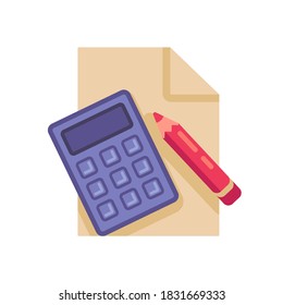 Calculator with paper and pen icon, math education vector illustration flat style design isolated on white. Colorful graphics