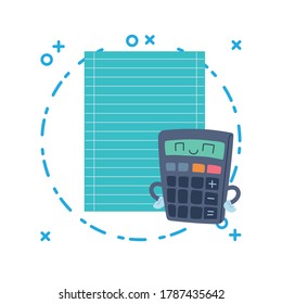 calculator and paper sheet with happy face cartoon, school supplies vector illustration design