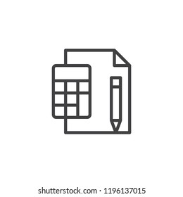 Calculator with paper sheet and pen outline icon. linear style sign for mobile concept and web design. Maths simple line vector icon. Symbol, logo illustration. Pixel perfect vector graphics