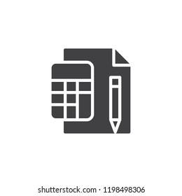 Calculator with paper sheet and pen vector icon. filled flat sign for mobile concept and web design. Maths simple solid icon. Symbol, logo illustration. Pixel perfect vector graphics