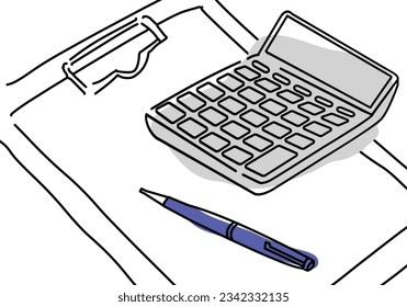 calculator, pen and clip board office work image illustration, vector