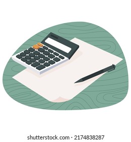 Calculator, pen and piece of blank paper with green bubble isolated on white background. Preparation to start work. Flat design vector illustration