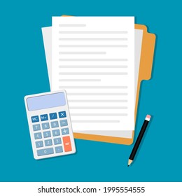 Calculator and pencil along with documents. vector illustration