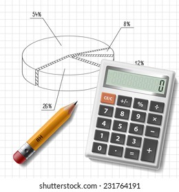 calculator, pencil and graph on notebook sheet