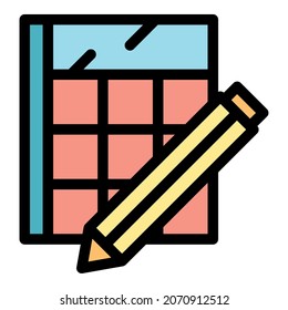 Icono de calculadora y lápiz. Calculadora de contorno y color de icono del vector del lápiz plano aislado