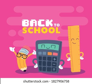 calculator pencil and ruler cartoon design, Back to school eduacation class lesson theme Vector illustration
