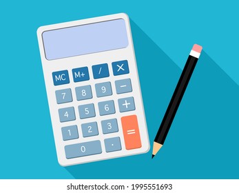 vista superior de la calculadora y del lápiz. ilustración vectorial