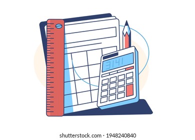Calculator and pencil vector illustration. Ruler and paper flat style. Modern business and money. Financial audit. Mathematics and economy concept. Isolated on white background