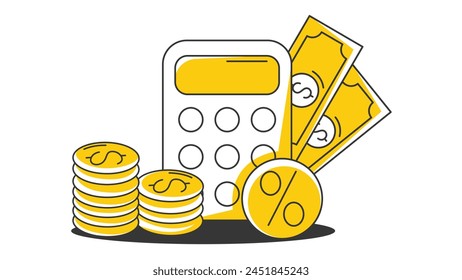 Calculator with percent sign, stack of coins and cash. Manage finance creative concept. Business and investment vector illustration, flat style. For banner, poster, sticker, icon, advertisement