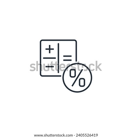 Calculator and percentage. Calculation of charges, accruals.  Vector linear icon illustration isolated on white background.