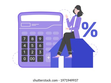 Calculator, percentage and house icon. Woman consultant realtor. Finance and investment in real estate. Vector flat illustration.