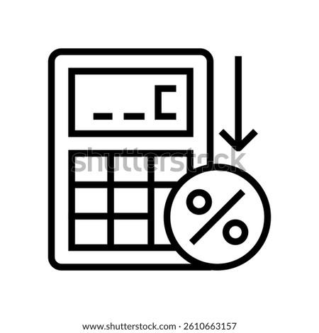 Calculator with percentage sign and arrow down. Low interest rates line style icon. Financial and economic symbol. Tax deductions vector illustration. Deflation, discount pictogram