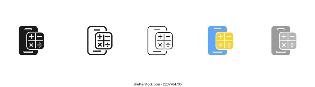 Calculator and phone line icon. Algebra, geometry, mathematics, study, school, architecture, science, draw, project, design, count, calculations, engineering. Vector line icon on white background