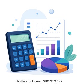  Calculator with pie chart and growth bar graph. Business accounting, financial statistics, and data analysis minimalist design