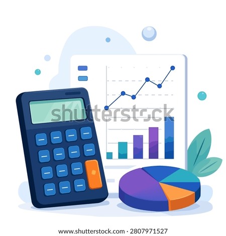  Calculator with pie chart and growth bar graph. Business accounting, financial statistics, and data analysis minimalist design