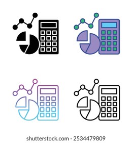 Calculator and pie chart icon set. Gradient, black and white color outline icons. Vector illustration.