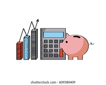 calculator and piggy bank icon over white background. colorful design. vector illustration