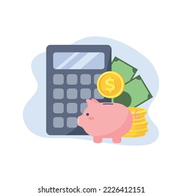 Calculator, piggy bank, money, coins. Money saving concept. Vector illustration